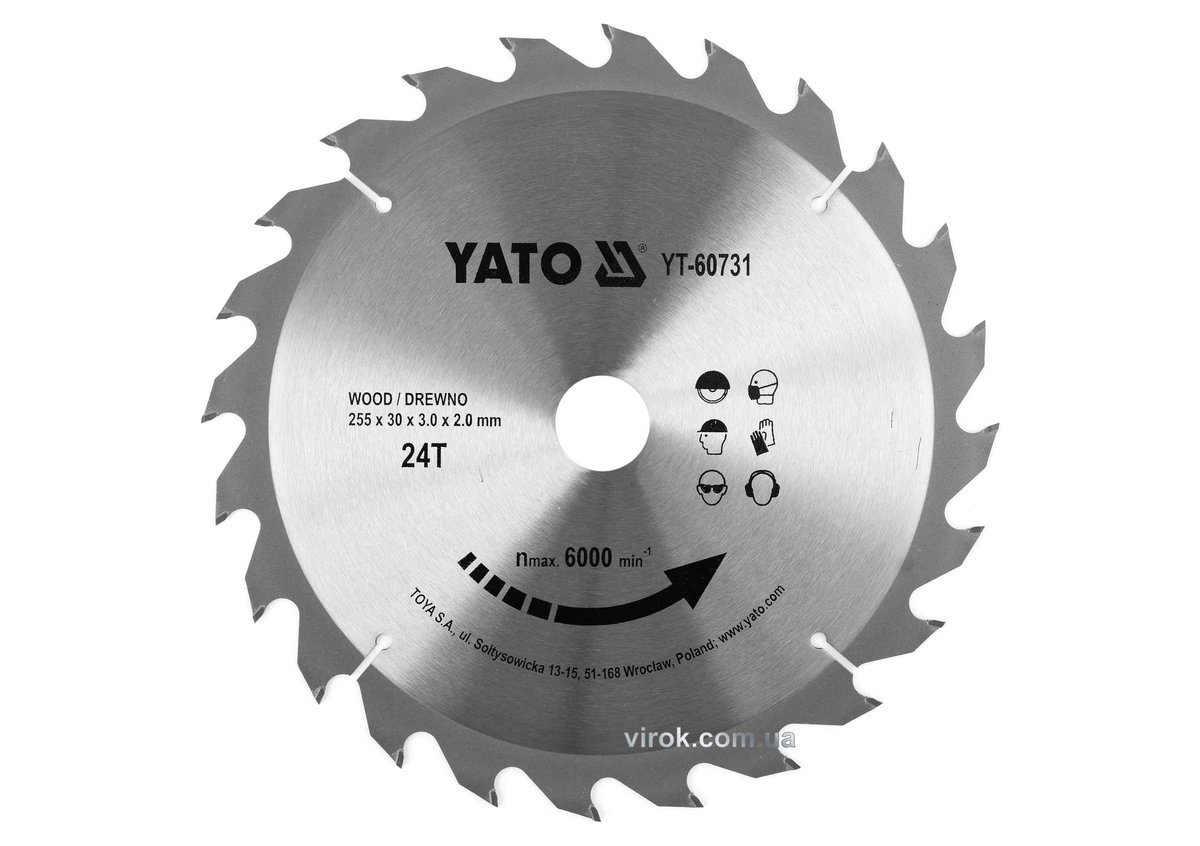 YATO Диск пиляльний победітовий по дереву YATO: 255x30x3.0x2.0 мм, 24 зубці, R.P.M до 6000 1/хв  | Y