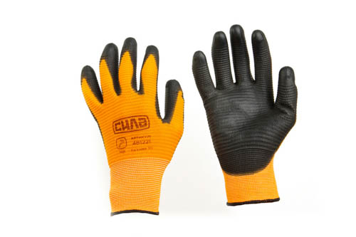 Перчатки с ПУ покрытием р10 (оранжевый + черный манжет) СИЛА