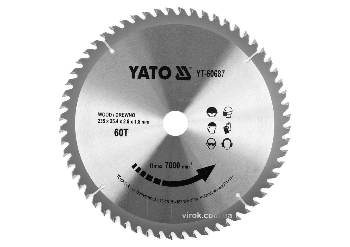 YATO Диск пиляльний победітовий по дереву YATO: 235x25.4x2.8x1.8мм, 60 зубців, R.P.M до 7000 1/хв  |