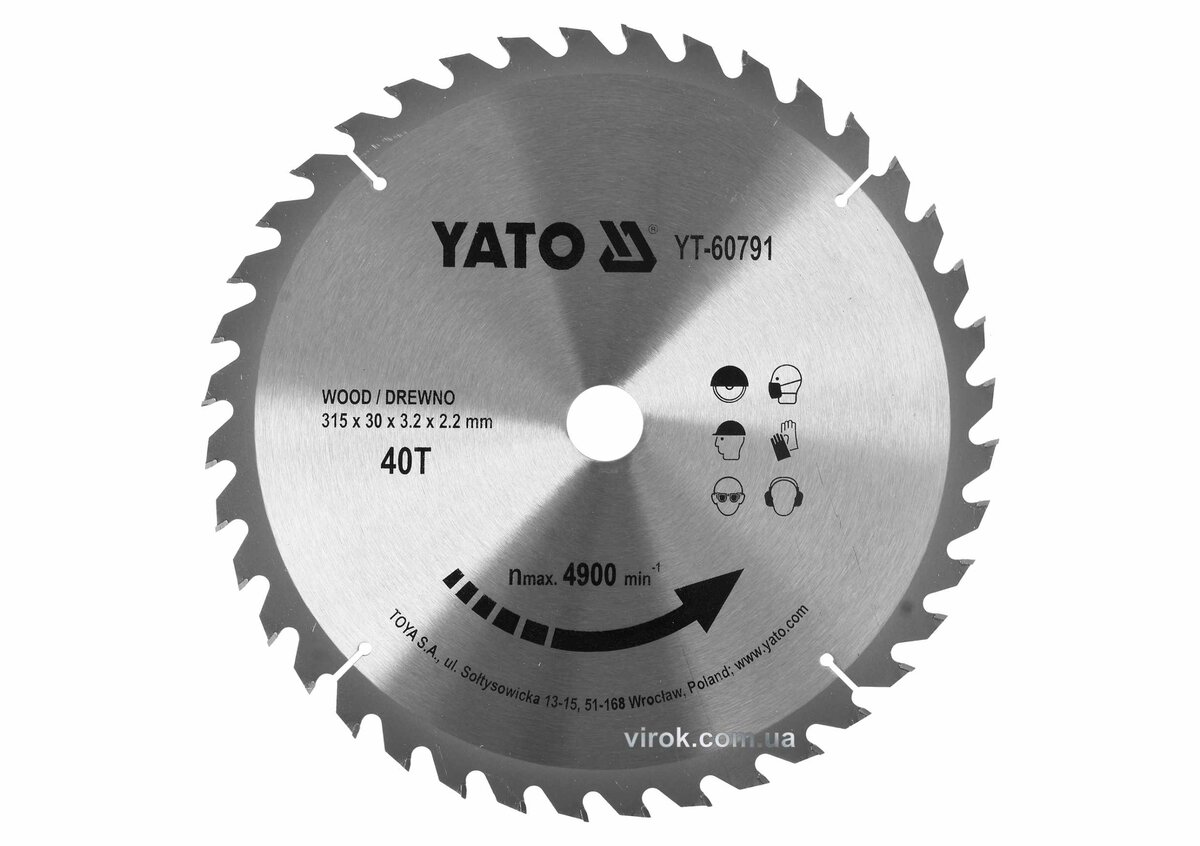 YATO Диск пиляльний победітовий по дереву YATO: 315x30x3.2x2.2 мм, 40 зубців, R.P.M до 4900 1/хв  | 