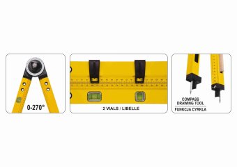 VOREL Кутомір регулювальний алюмінієвий : l=63мм, кут 0-270°, діапаз. 0-500мм, 2 капсули+олівець  | 