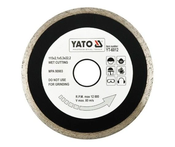 YATO Диск алмазний суцільний YATO : Ø= 115x5,3x22,2 мм. H= 2,1 мм. для мокрої різки  | YT-6012