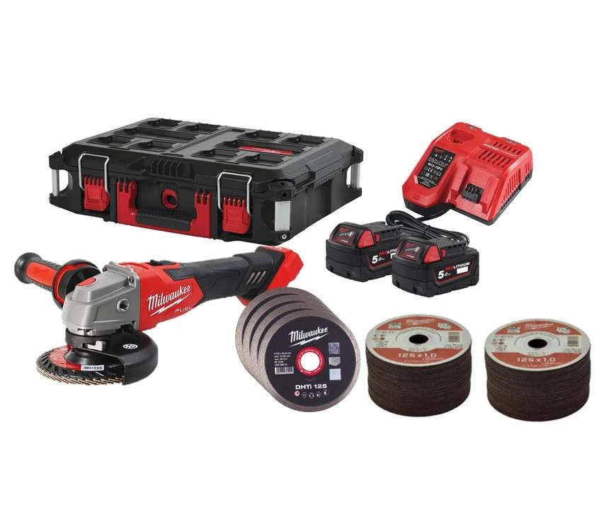 Шліфмашина кутова акумуляторна, M18 FSAG125XB100P-502P, Ø125мм (+2набори дисків,зар.пр.,2акум.Х5Аг,к