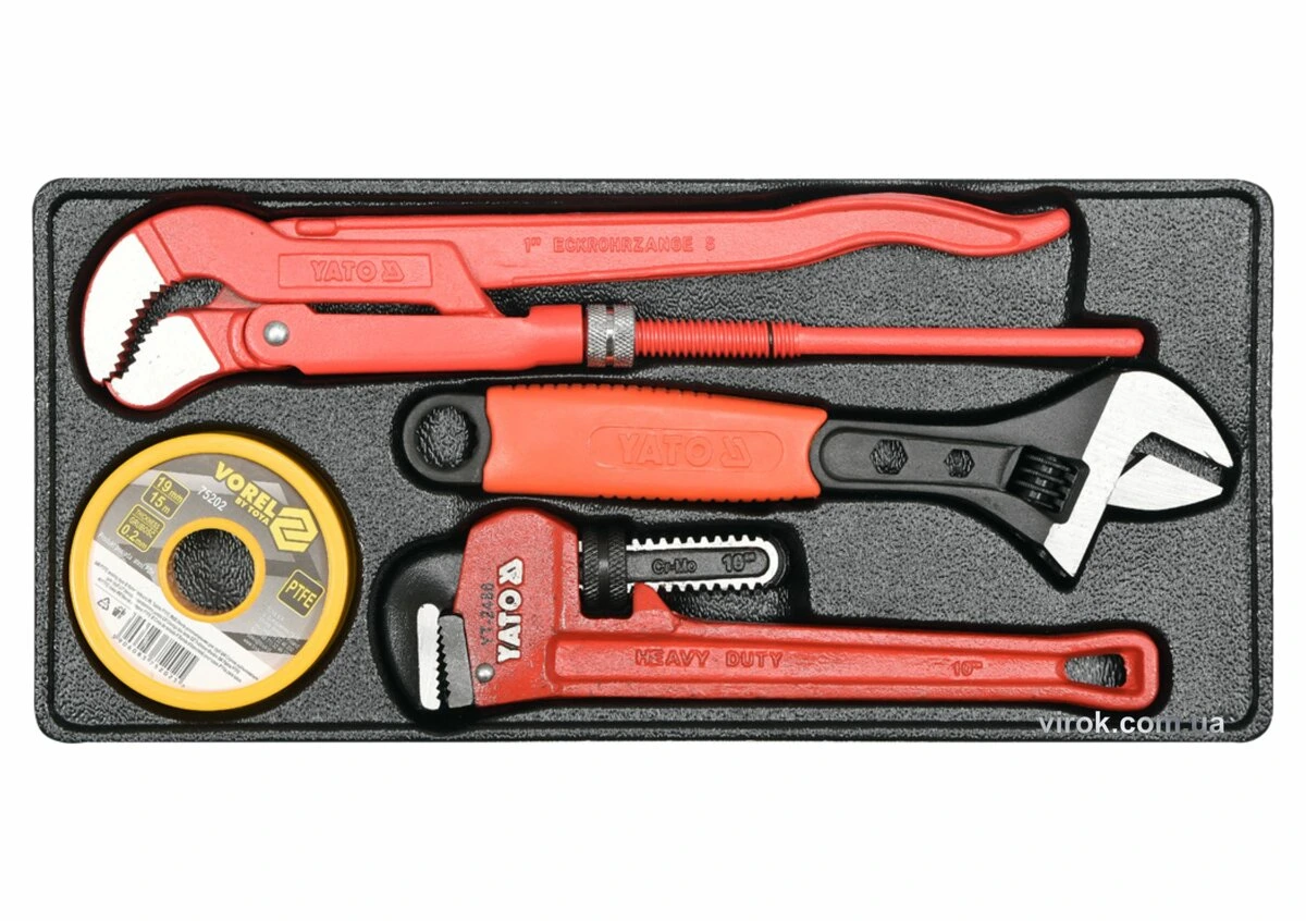 YATO Вклад до інструментальної шафи YATO, з 2 трубними і 1 розвідним ключами, тефлонова стрічка, 4 е