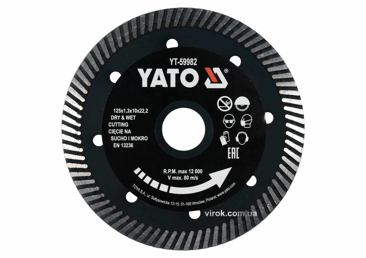 YATO Диск відрізний алмазний по гресу,кераміці "TURBO" YATO Ø=125x1.3x10x22.2мм,в мокрому і сухому р