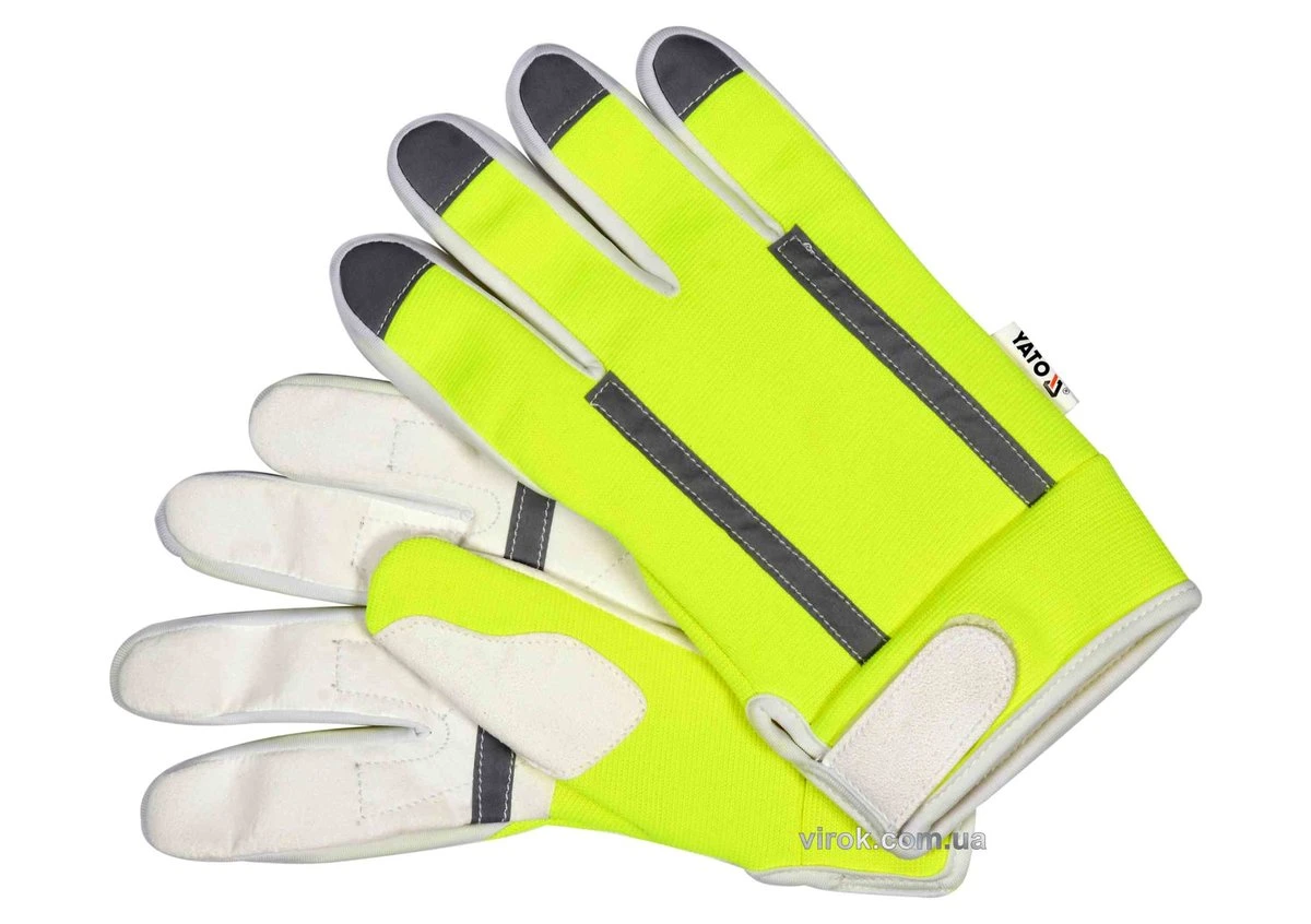 YATO Рукавиці робочі біло-жовті з світловідбиваючою нейлоновою тканиною YATO : екошкіра, розмір 10 D