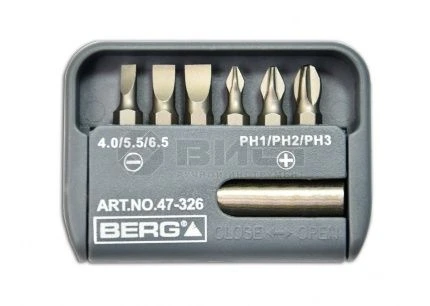 47-326 Набор насадок викрутних с магнитным держателем, S2, 6 шт., 25 мм, Berg