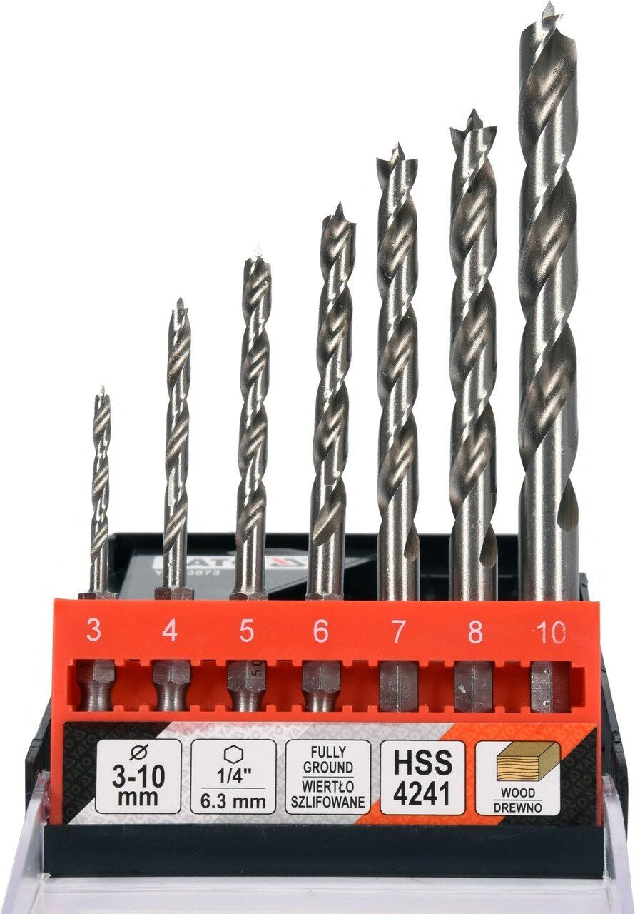 YATO Свердла по дереву спіральні YATO: Ø3, 4, 5, 6, 7, 8, 10 мм, хвостовик- HEX 1/4", HSS 4241, 7 шт