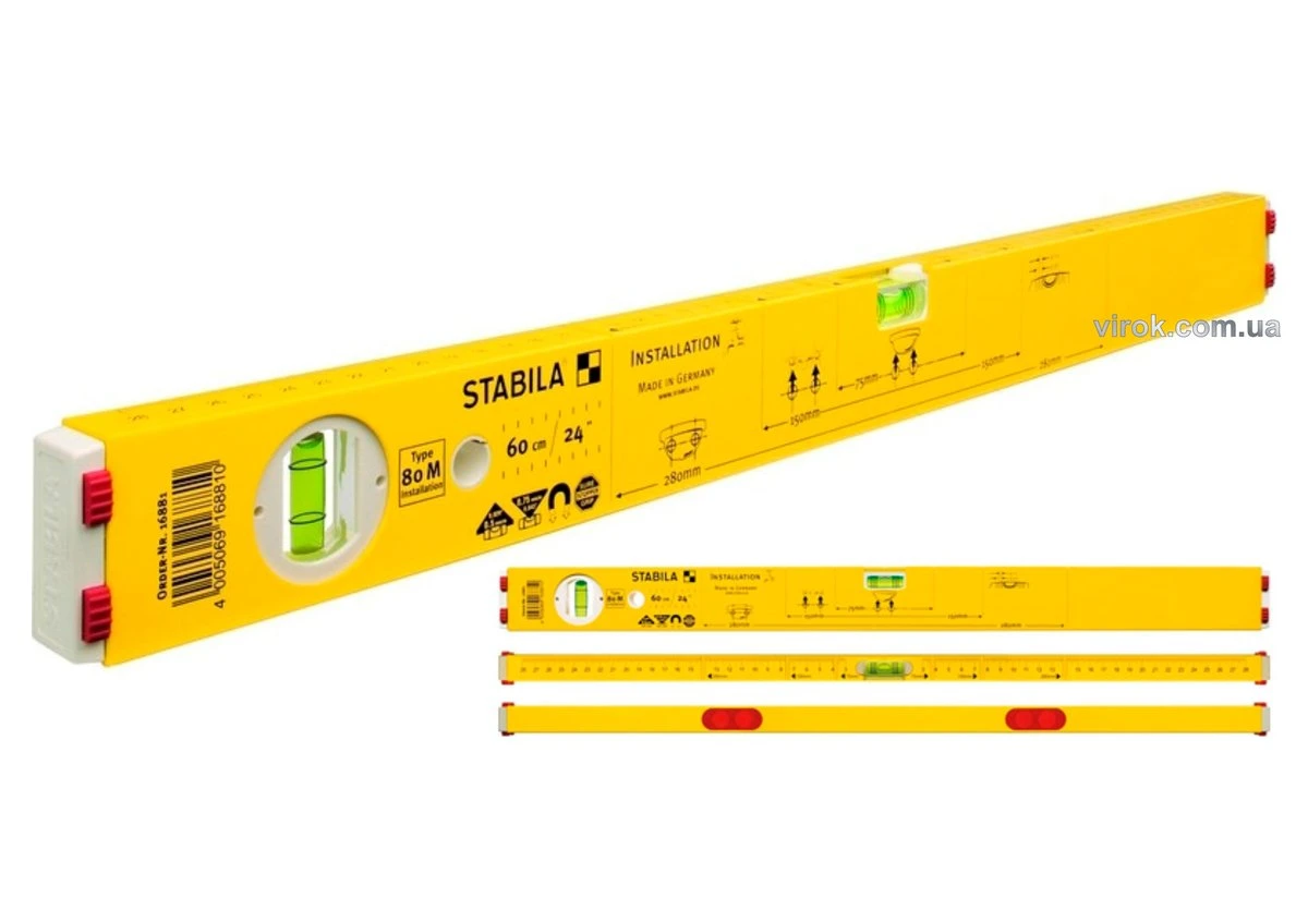 STABILA Рівень сантехніка Type 80 M Installation : L= 60 см, 2 капсули, магнітний, сантех-розмітка |