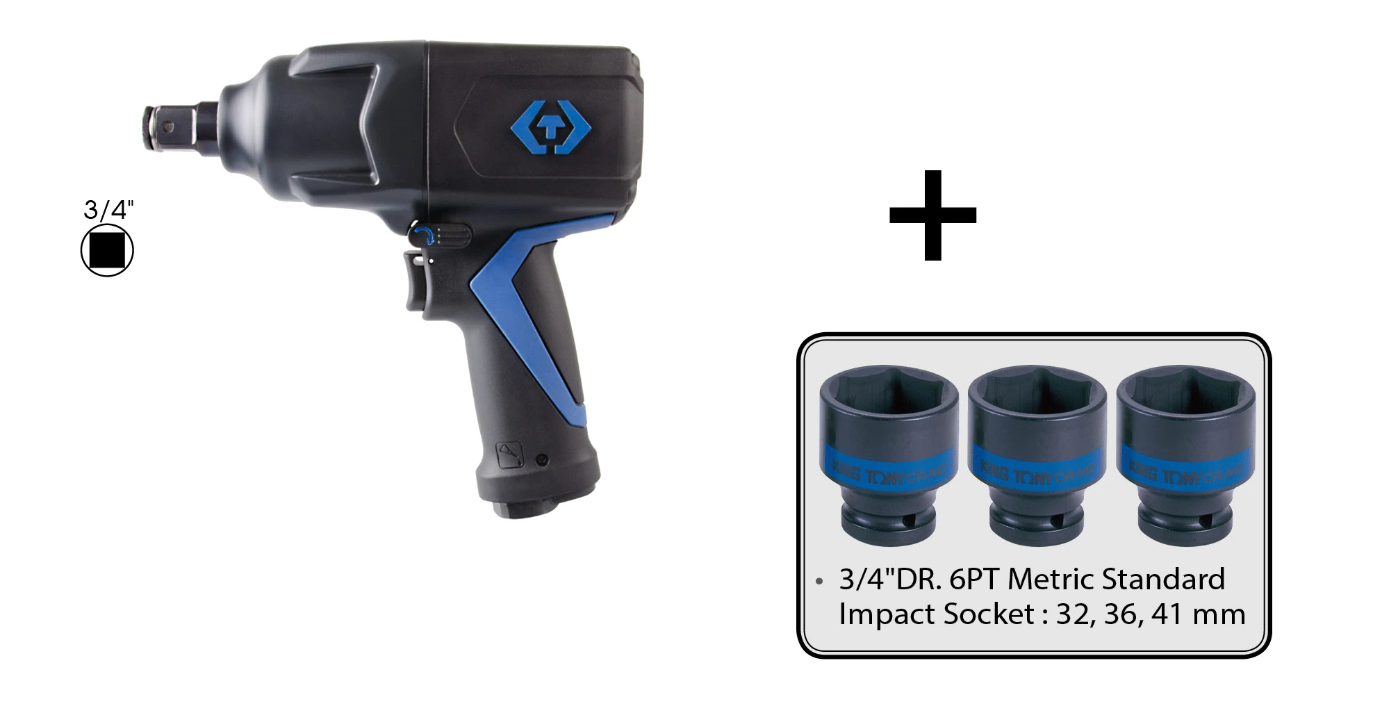 KING TONY Пневматический гайковерт 3/4" 1491Нм композитный корпу, в комплекте 3 головки (32,36,41) |