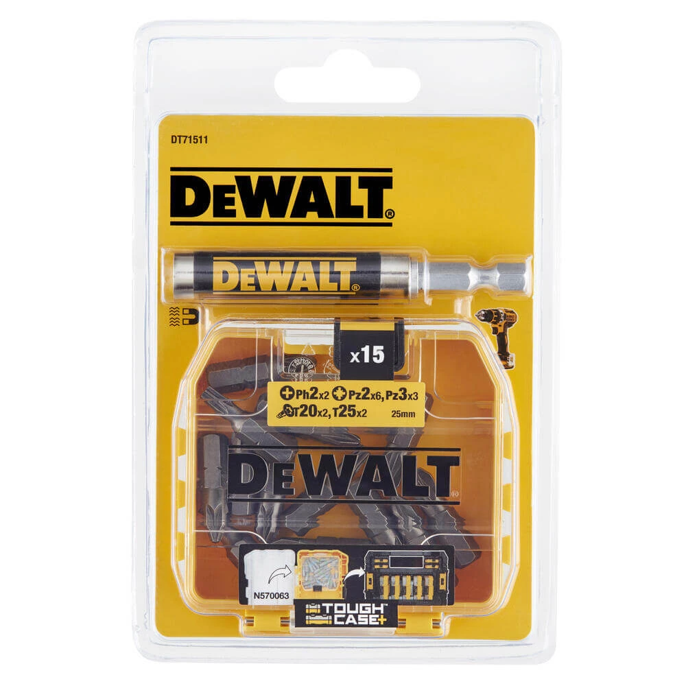 Набір біт DeWALT Torx, Philips, Pozidriv, Torx, L= 25 мм, 15 шт + магнітний тримач | DT71511