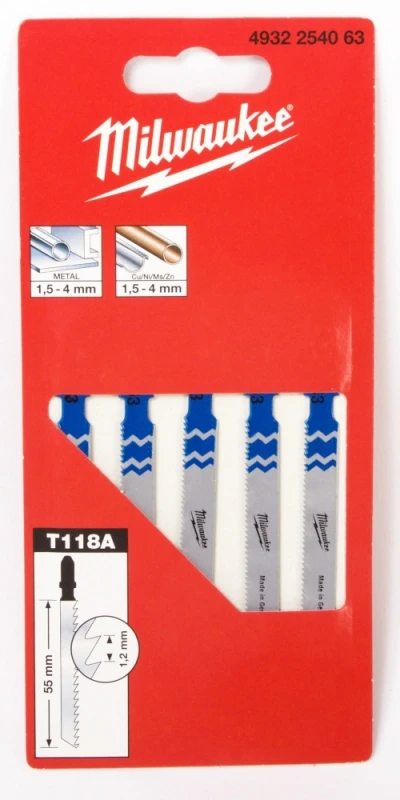 MILWAUKEE Полотна для лобзика T118A ,55мм/ крок зуба 1,2мм, (5шт), (універсальні) | 4932254063