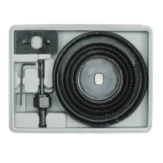 VOREL Пили кільцеві по дереву + свердло Ø=64-127 мм, Набір 8 шт. в кейсі  | 22571