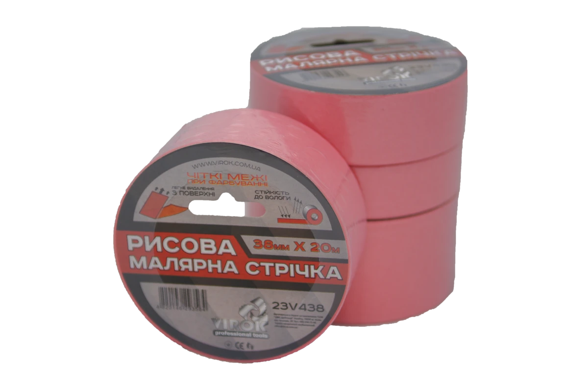 VIROK Малярна стрічка рисова 38мм х 20 м. (Гідростійка/ ідеальний край для фарбування). рожева  | 23