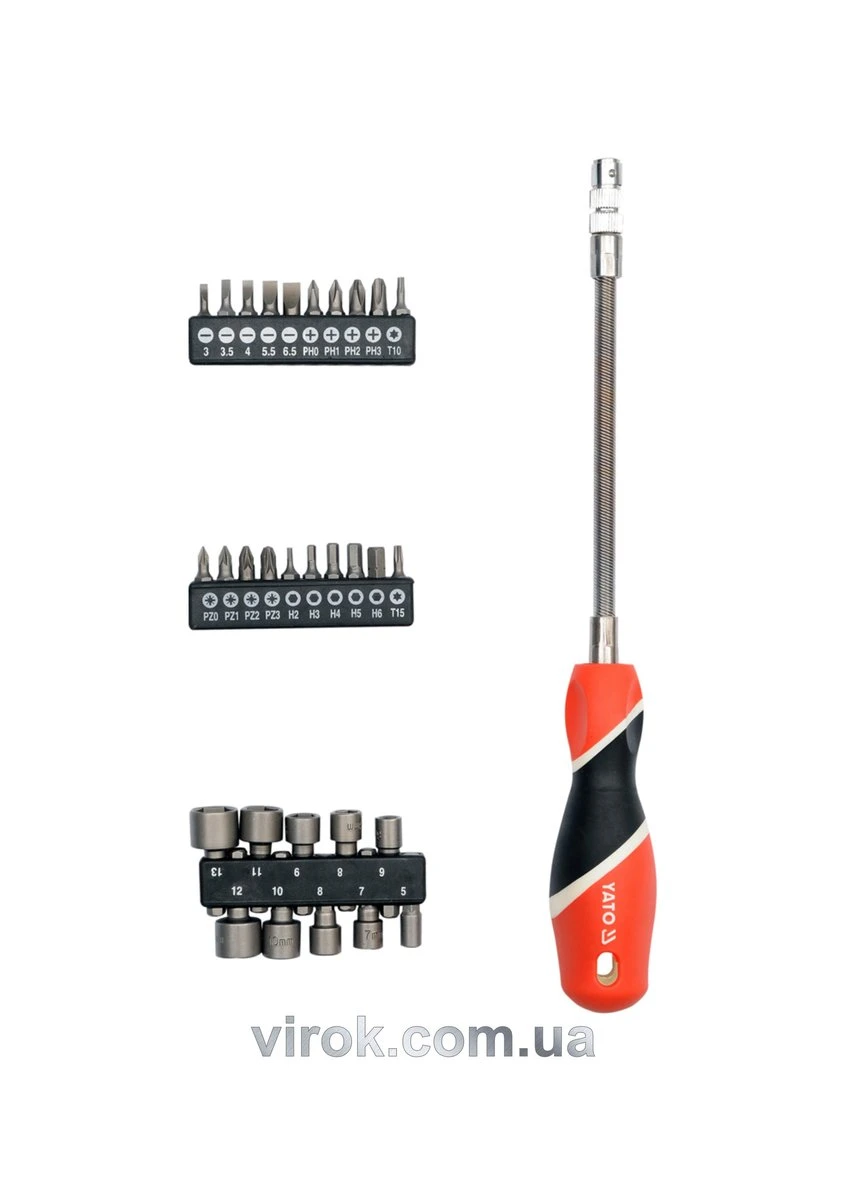 YATO Викрутка - тримач YATO з гнучким стержнем з насадками, HEX 1/4". Hабір 31 Од.  | YT-25972