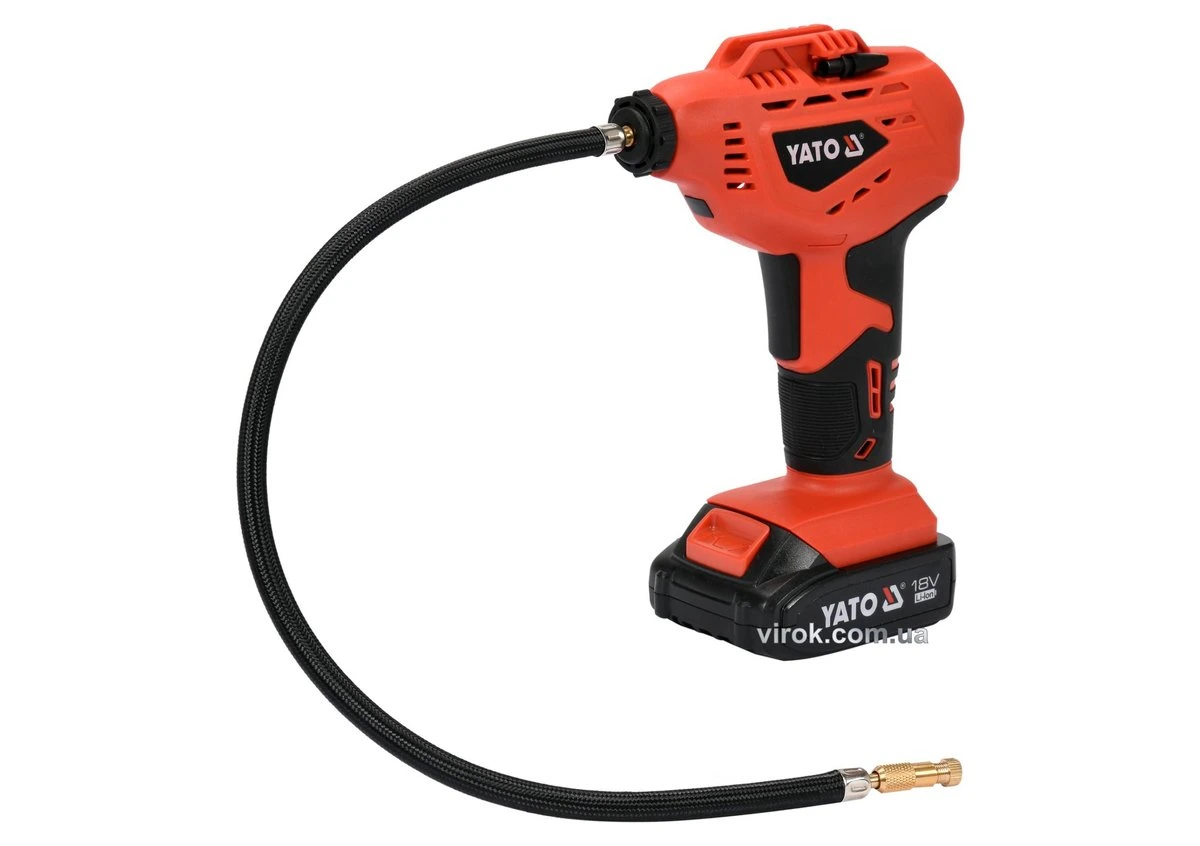 YATO Компресор акумуляторний YATO: Li-Ion 1В, 2 Агод, 1 MPa, 14 л/хв, кабель- 5см, зарядн. пристрій 