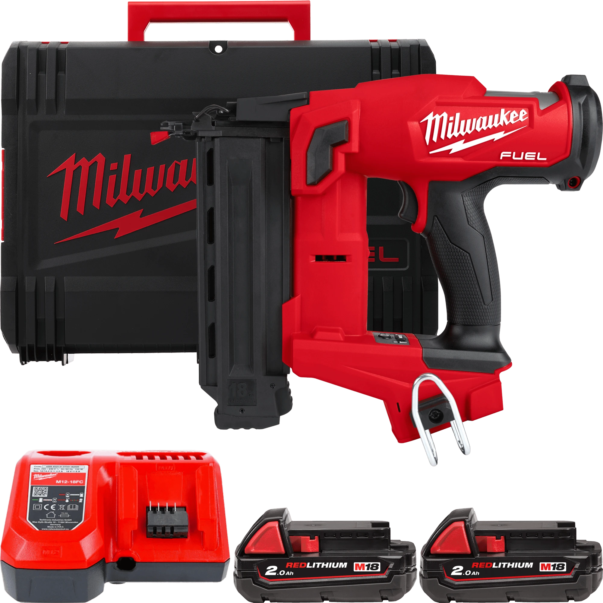 MILWAUKEE Аккумуляторный гвоздезабиватель M18 FN18GS-202X Прямой магазин; 2 аккумулятора; з/у; HD ке