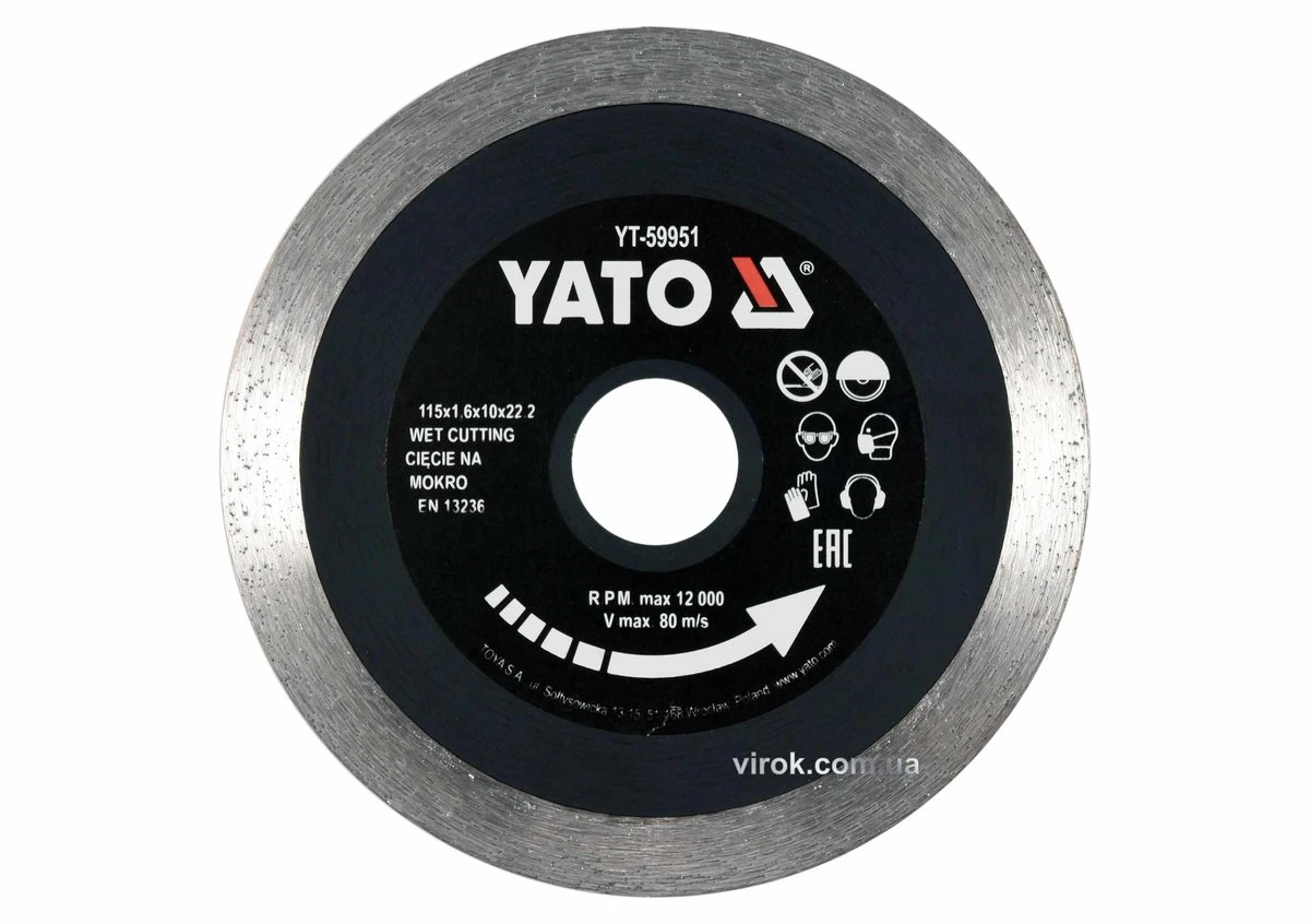 YATO Диск відрізний алмазний по гресу, склу, кераміці YATO Ø=115х1.6х10х22.2 мм,в мокрому режимі  | 
