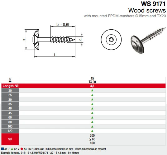Шуруп по дереву нержавеющий с EPDM-шайбами Ø15mm шлицем TORX WS 9171