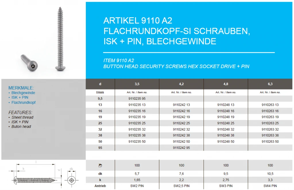 Button head security screws hex socket drive + pin Button head security screws hex socket drive + pin