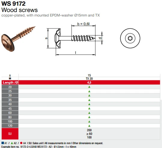 Шуруп по дереву омедненный с EPDM-шайбами Ø15mm шлицем TORX WS 9172