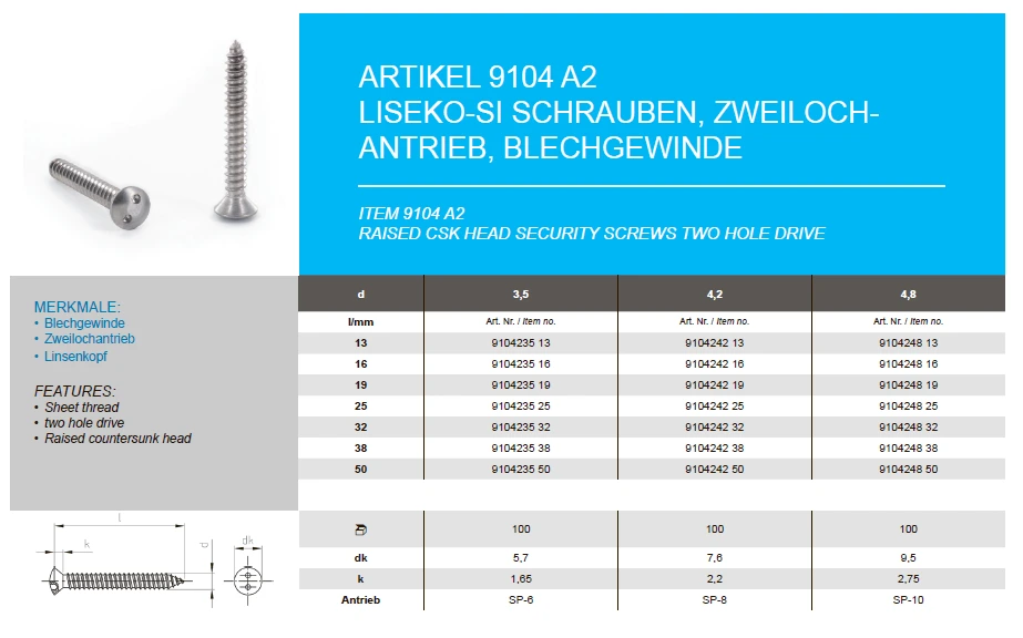 Raised CSK head security screws, two hole drive Raised CSK head security screws, two hole drive