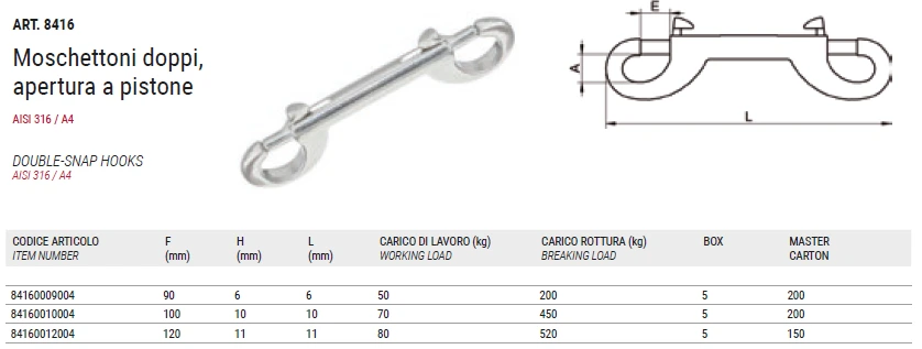 Moschettone doppio, apertura a pistone, aisi 316 / A4 Moschettone doppio, apertura a pistone, aisi 316 / A4