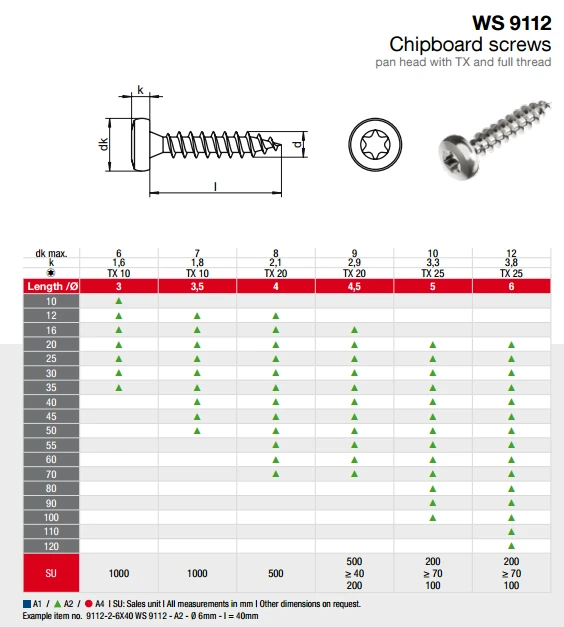Шуруп по дереву нержавеющий с полукруглой головкой и шлицем TORX WS 9112 Шуруп по дереву нержавеющий с полукруглой головкой и шлицем TORX WS 9112