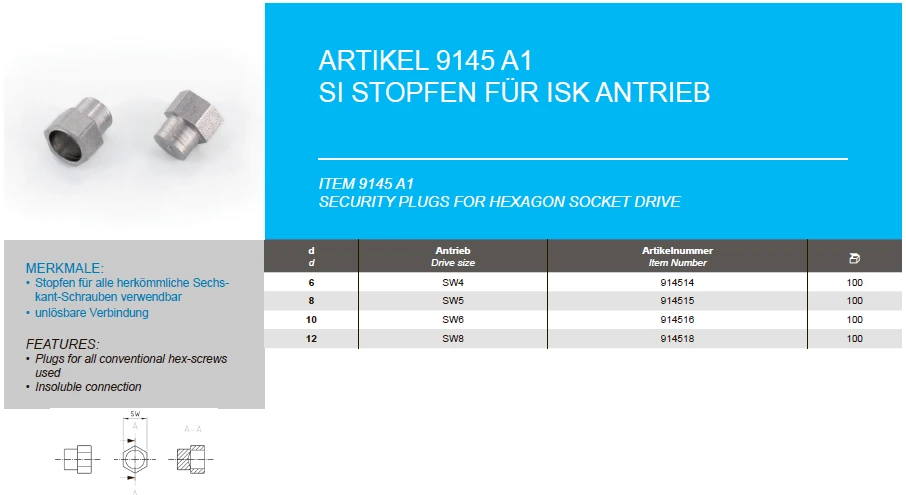 Drive-in plugs for hexagon socket drive Drive-in plugs for hexagon socket drive