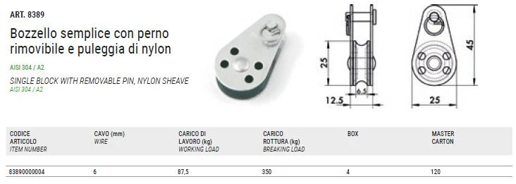 Single block with removable pin, nylon sheave, aisi 304 / A2