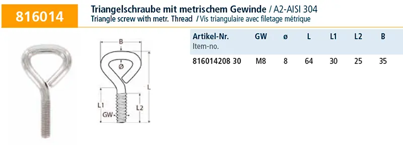 Трикутний гвинт з метричною різьбою А2 8x30 мм Трикутний гвинт з метричною різьбою А2 8x30 мм