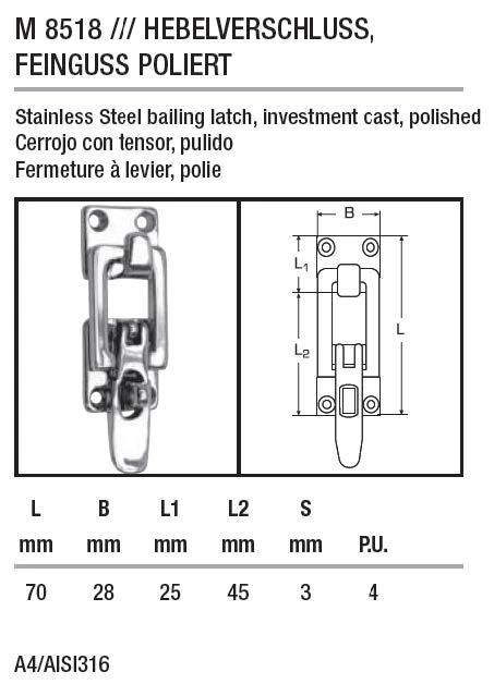 Bailing Latch, Inv. Cast 70 X 28 X3 mm, A4 Bailing Latch, Inv. Cast 70 X 28 X3 mm, A4