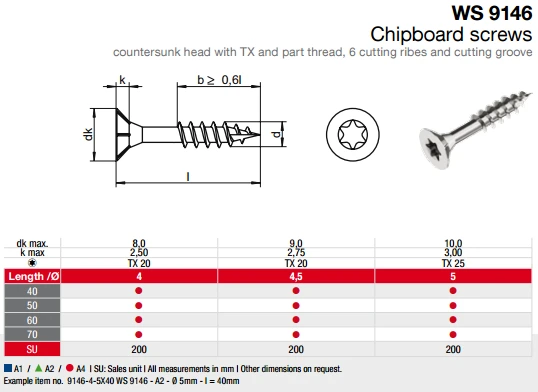 Chipboard screws countersunk head with TX and part thread, 6 cutting ribes and cutting groove Chipboard screws countersunk head with TX and part thread, 6 cutting ribes and cutting groove