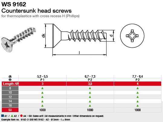 Саморезы нержавеющие для термопластика с потайной головкой PH DIN 9162 Саморезы нержавеющие для термопластика с потайной головкой PH DIN 9162