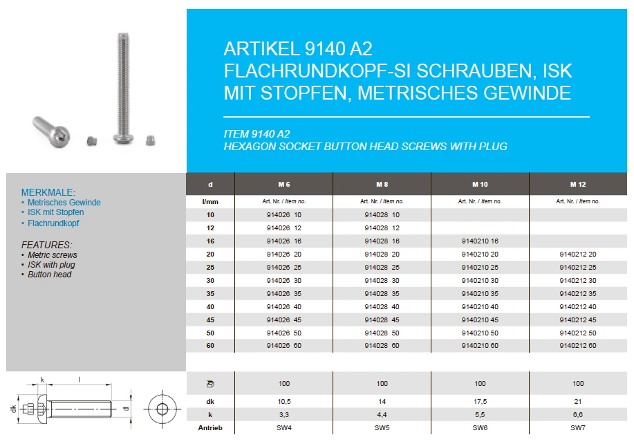 Art. 9140 A2 M 10X16 with plug Art. 9140 A2 M 10X16 with plug