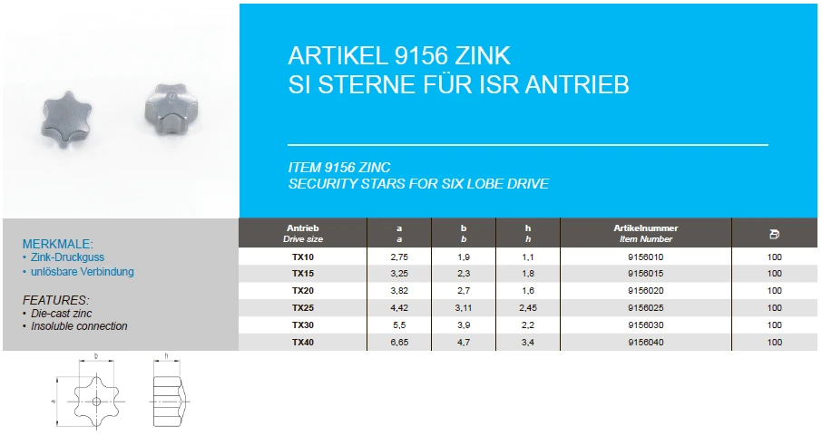 Drive-in stars for six lobe drive