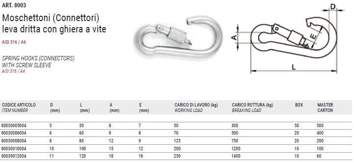 ART. 8003 Straight gate Carabiners (Connectors) with screw sleeve, aisi 316 / A4 ART. 8003 Straight gate Carabiners (Connectors) with screw sleeve, aisi 316 / A4