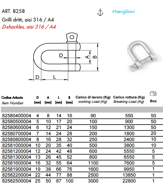 ART. 8258 Такелажные скобы, aisi 316 / A4 ART. 8258 Такелажные скобы, aisi 316 / A4
