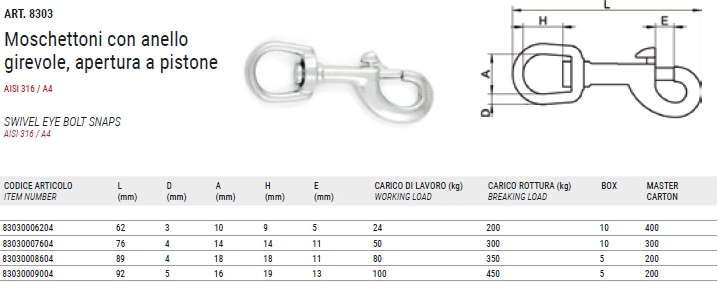 ART. 8303 Swivel Eye Bolt Snaps, aisi 316 / A4 ART. 8303 Swivel Eye Bolt Snaps, aisi 316 / A4