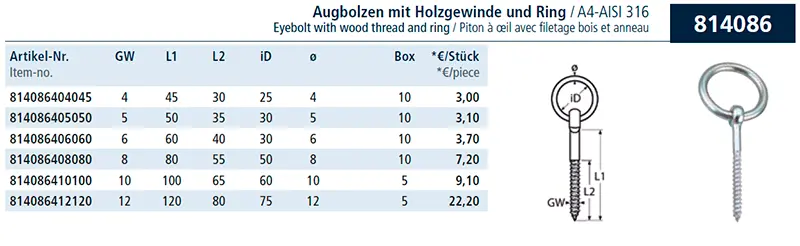 Кільцеподібний болт з дерев'яною різьбою та кільцем