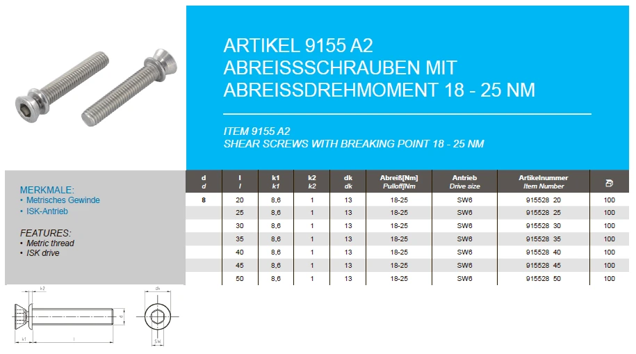 Shear screws with breaking point 18 - 25 Nm Shear screws with breaking point 18 - 25 Nm