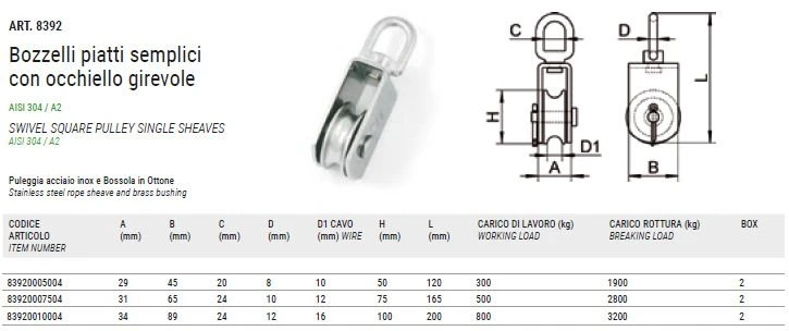 ART. 8392 Swivel square pulley single sheave, aisi 304 / A2 ART. 8392 Swivel square pulley single sheave, aisi 304 / A2