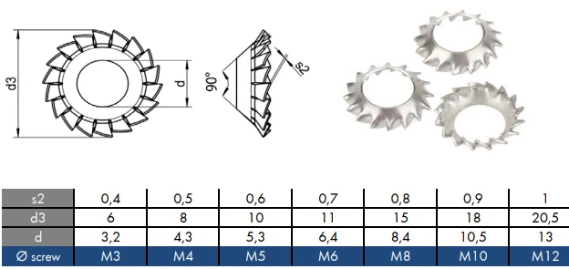 ART. 3703 DIN 6798 AZV sim. UNI 8842 V Coutersunk serrated external toothed lock washer ART. 3703 DIN 6798 AZV sim. UNI 8842 V Coutersunk serrated external toothed lock washer