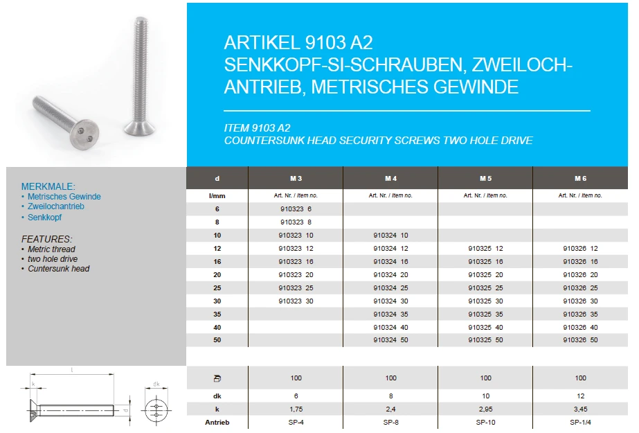 Countersunk head security screws, two hole drive Countersunk head security screws, two hole drive