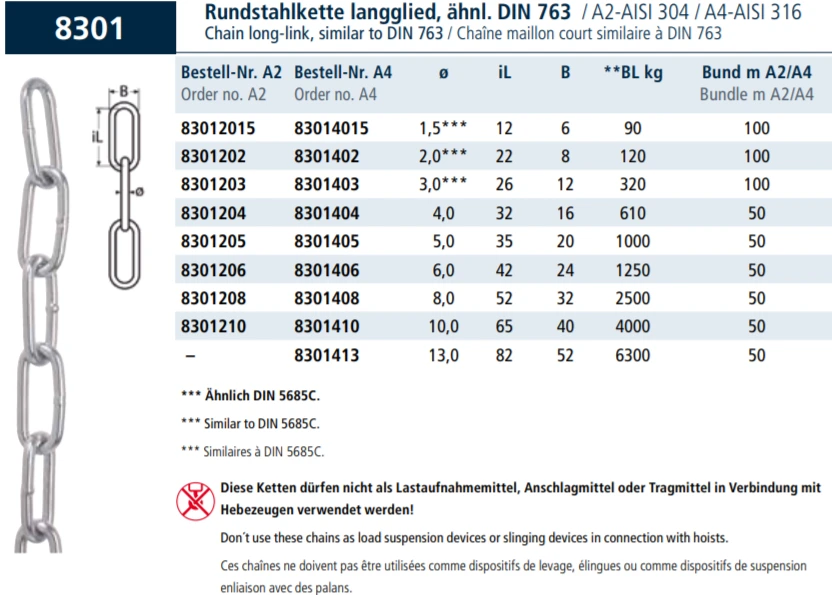 Chain long-link, similar to DIN 5685-C