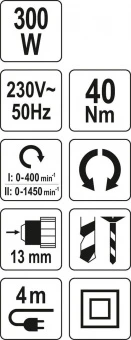 YATO Дриль-шуруповерт мережевий YATO: 300 Вт, 40 Нм, 1450 об/хв, патрон Ø≤13 мм, кабель- 4 м  | YT-8