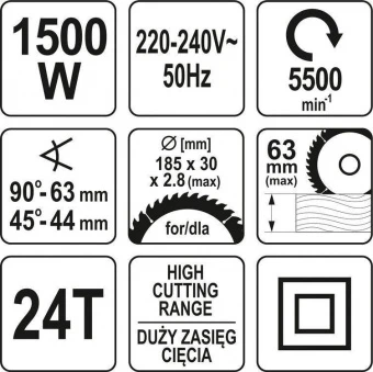YATO Пила дискова ручна мережева YATO: P=1.5кВт, для диска Ø= 185/20мм, макс. h=2.8мм, кут 0-45°  | 