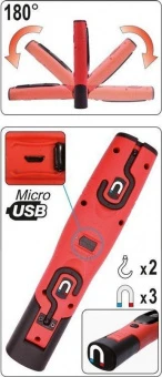 YATO Ліхтар акумулят. Li-Ion- 3.7V, YATO з 3,5Вт і 3Вт світлодіодами, магнітом в компл. з USB зарядн