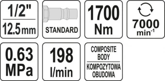 YATO Гайковерт ударний пневматичний YATO : квадрат 1/2", F=1700 Nm, 0.63 MPa,198 л/хв  | YT-09544