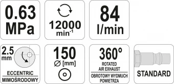 YATO Шліфмашина пневматична YATO ексцентрикова з диском Ø=150 мм, 0.63 MPa, спожив. повітря- 84 л/хв